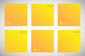 Set, collection of square yellow and orange geometric gradient backgrounds with ornamental texture, pattern. Concentric circles, dynamic diagonal stripes, wavy streaks, bars or waves. Card templates.