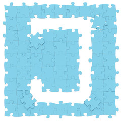Jigsaw puzzles blue color assembled like capital letter J on white background, puzzle letters may be seamless connected along borders, 3D rendered font image