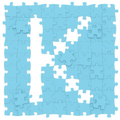 Jigsaw puzzles blue color assembled like capital letter K on white background, puzzle letters may be seamless connected along borders, 3D rendered font image