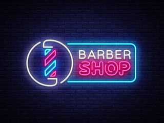 Barber Shop neon sign vector. Barber Shop Design template neon sign, light banner, neon signboard, nightly bright advertising, light inscription. Vector illustration