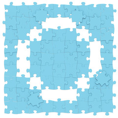 Jigsaw puzzles blue color assembled like capital letter O on white background, puzzle letters may be seamless connected along borders, 3D rendered font image