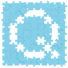 Jigsaw puzzles blue color assembled like capital letter Q on white background, puzzle letters may be seamless connected along borders, 3D rendered font image