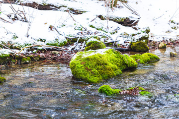 Frozen wild river inside of the forest