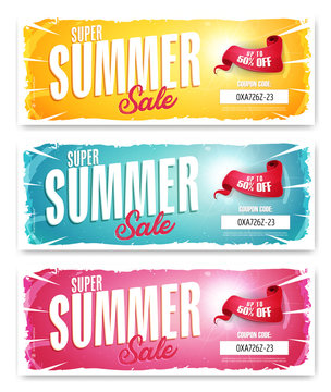 Hot Summer Sale Banner With Coupon Code/
Illustration of a set of summer sale template banner with colorful elements, typography, coupon code  and grunge frame