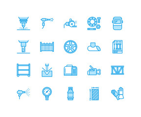 Welding services flat line icons. Rolled metal products, steelwork, stainless steel laser cutting, fabrication, turning works, safety equipment, powder coating. Industry thin sign for welder services.