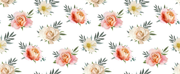 Panele Szklane Podświetlane  Wektor kwiatowy wzór, projekt backgorund: ogród różowy brzoskwinia, kremowy, pomarańczowy Rose, żółty biały kwiat magnolii, eukaliptusa, gałązki oliwne, zielone liście. Akwarela elegancka, urocza ilustracja