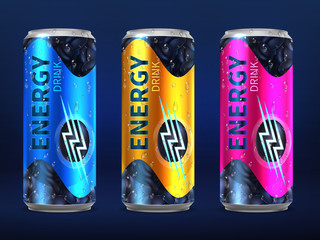 Realistic disposable energy drink cans in different colors of design vector template isolated on white background