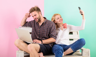 Video call benefits. Communication without barriers. Keep in touch family video call. Keep in touch everywhere mobile internet modern technology video conferencing. Man girl laptop and smartphone