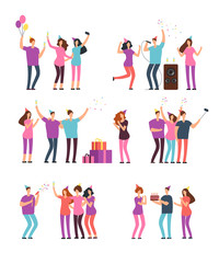 Friendly people men, women dancing, singing and having fun at party. Friends celebrating birthday. Vector cartoon characters isolated