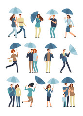Fototapeta na wymiar People holding umbrella, walking outdoor in rainy spring or fall day. Man, woman in raincoat under rain vector flat characters isolated