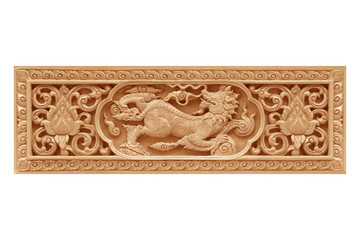 Traditional thai style pattern lion or singha wood carve on white background