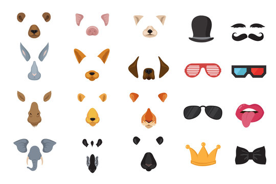 Funny animal faces, cartoon masks, photo filters for phone video cat application vector set