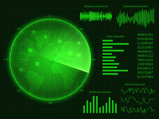 Green radar screen with world map. Digital hud interface vector illustration