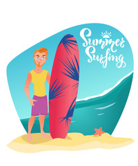 Surfer man stands with surfboard on the beach. Vector cartoon character illustration. Summer surfing text, quote. Holiday, waves on the sea, seastar on the sand