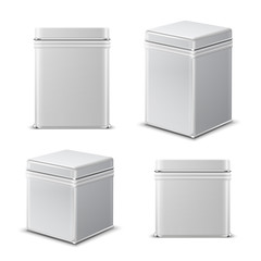 Tin can. Rectangular white metal container. Food product package vector isolated mockup