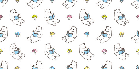 bear seamless pattern polar bear vector panda teddy reading book mushroom isolated tile background repeat wallpaper