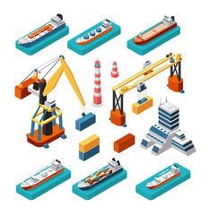 Isometric 3d ships, cranes, sea port building, lighthouse and shipping containers vector marine logistic set isolated