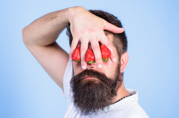 Blind of strawberry. Man bearded hipster hold hand with strawberries in front of eyes. Glance of...