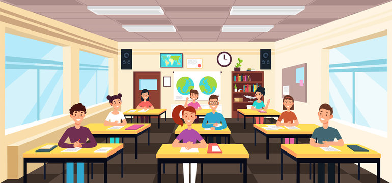 Pupils study in classroom interior. Pupils in school lesson vector concept