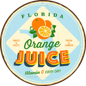 Vintage Vector Metal Sign - Florida Orange Juice - Grunge effects can be easily removed for a brand new, clean design