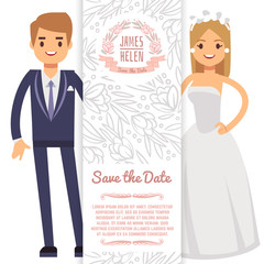 Vector wedding banner template. Decorative flyer with bride, fiance and floral ornament