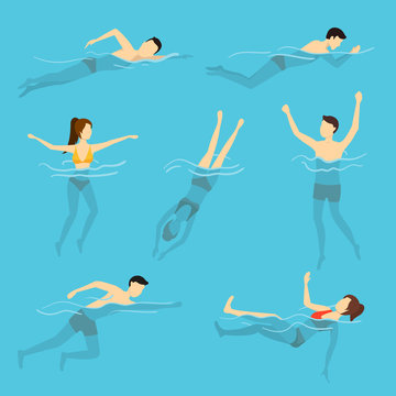 Cartoon Characters Swimming and Diving People Set. Vector