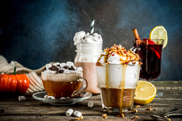 Autumn winter warm drinks, hot chocolate, pumpkin latte, caramel and peanut coffee latte, mulled...