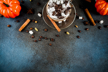 Autumn winter warm drinks, hot chocolate, pumpkin latte, caramel and peanut coffee latte, mulled...