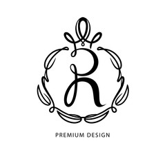 Monogram design elements, template on white isolated background. Calligraphic elegant line art logo design. Letter R. Vintage Insignia or Logotype. Business sign, identity, label, badge, Cafe, Hotel. 