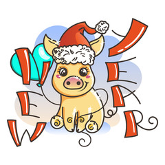 Happy New 2019 Year card with cartoon golden baby pig. Small symbol of holiday.