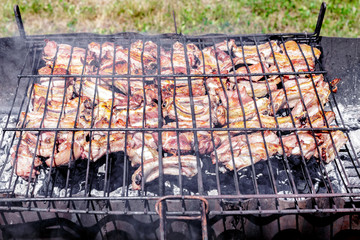 Grilled pork ribs on the grill. Barbecue in the nature at summer.