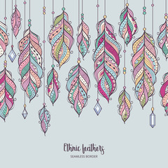 Seamless border with ethnic feathers and crystals. Colorful feather background in bohemian style. Vector card design.