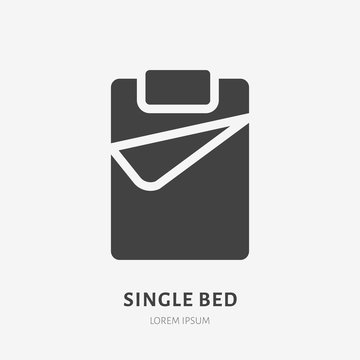 Single bed flat glyph icon. Bedding sign. Solid silhouette logo for interior store.