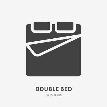 Double bed flat glyph icon. Bedding sign. Solid silhouette logo for interior store.