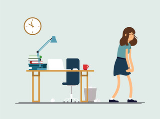 Vector illustration young tired woman, sleepy mood, weak health, mental exhausted. Concept illustration female character is very tired after work day.