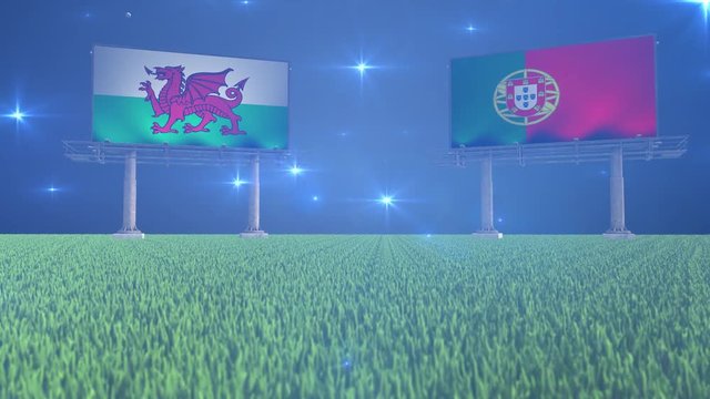3d animated soccer ball bouncing in front of billboards with the flags of Wales and Portugal with flickering lights in the background in 4K resolution