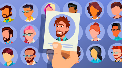 Human Recruitment Vector. Man. Business Man Picked In Recruitment. Pick Up. Individual. Group Of Businesspeople. HR Process. Cartoon Illustration