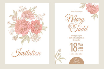 Fototapeta na wymiar Wedding invitations templates cards with flowers peonies.