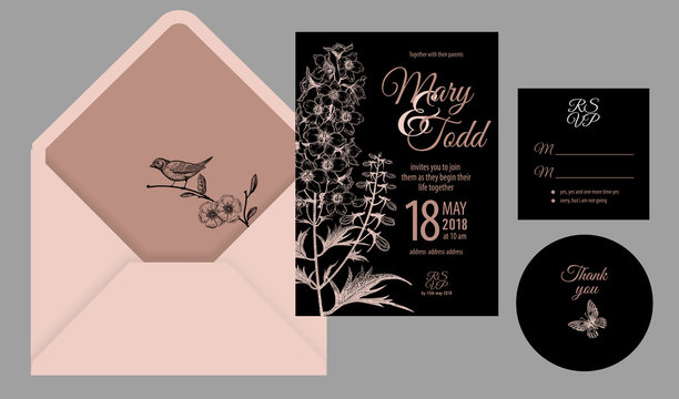 Invitations, thank you, rsvp templates cards and cover with flowers, butterfly and bird.