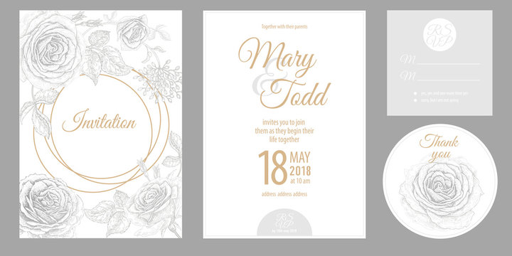 Invitations, thank you, rsvp templates cards with flowers roses.