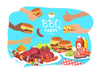 BBQ Party Poster, Colorful Vector Illustration