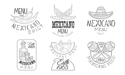 Vector set of 6 sketch style emblems for Mexican restaurant. Original logos with traditional food, tequila bottle, sombrero hat and maracas