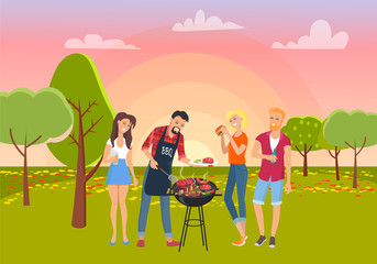 Barbecue Picnic on Green Nature, Cheerful Friends