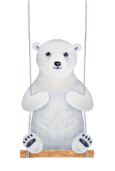 Cute polar bear cub character sitting on wooden swing seat. Fluffy, soft, romantic. Hand drawn watercolour graphic painting on white background. Childhood illustration for design, fun and decoration.
