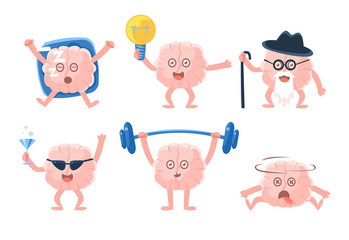Flat vector set of funny humanized brains with arms and legs in different actions. Human internal organ. Stickers for social network