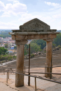 Gateway and rock cut steps leading to the Gomateshwara temple, Vindhyagiri Hill, Shravanbelgola, Karnataka