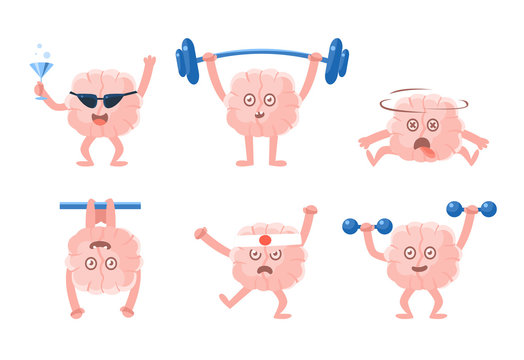 Flat vector set of humanized brains with arms and legs in different actions. Funny cartoon characters. Emoji for social network