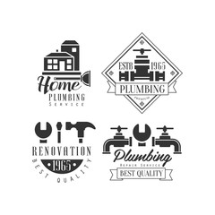 Fototapeta premium Monochrome vector emblems for plumbing and home renovation services. Logos with buildings, working instruments and water taps