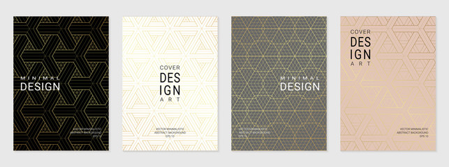 Vector set of cover design template with minimal golden geometric patterns.