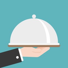 Fototapeta premium waiter or business Hand holding cloche, flat design